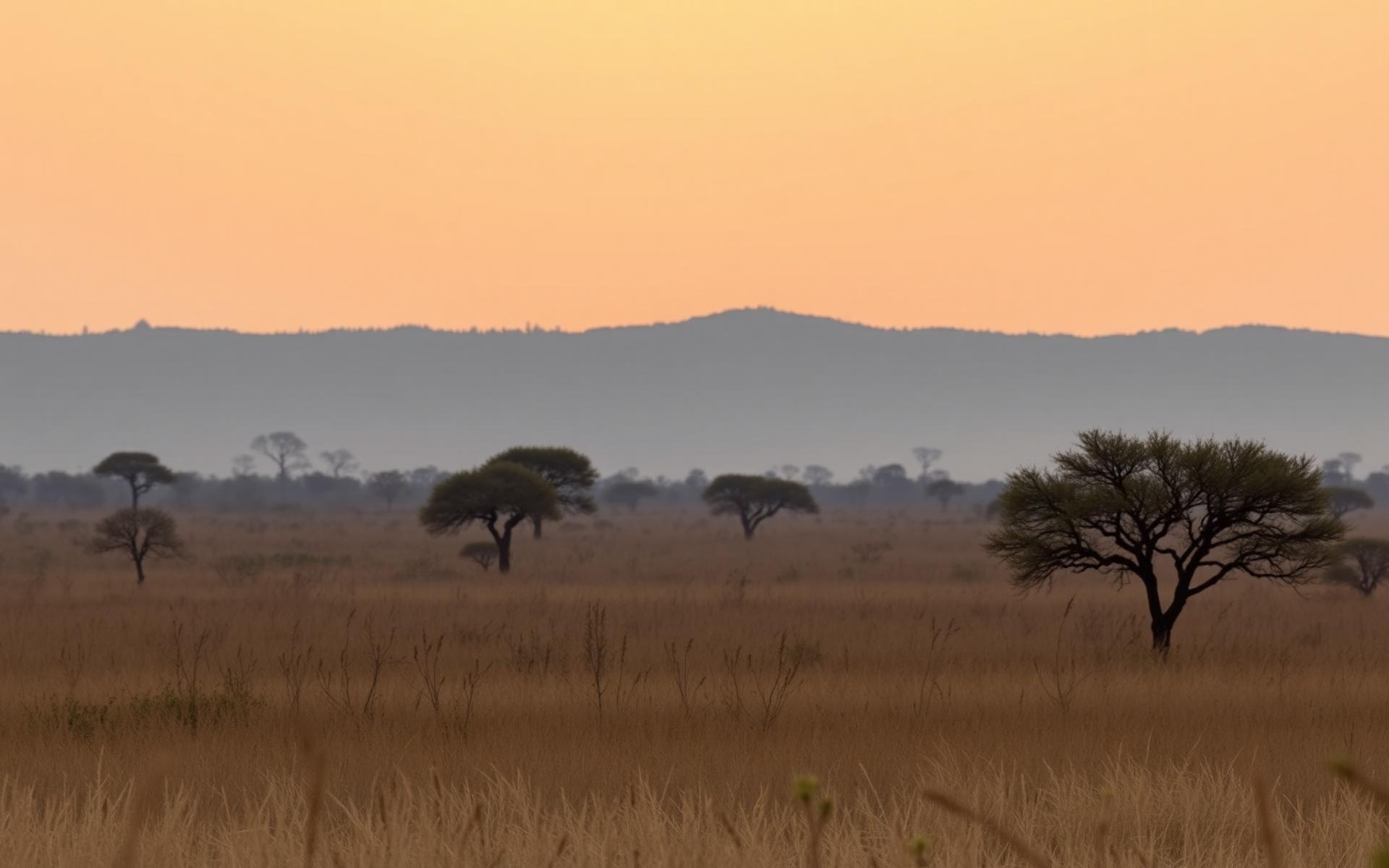 Golden savanna at sunrise in the Okavango Delta region