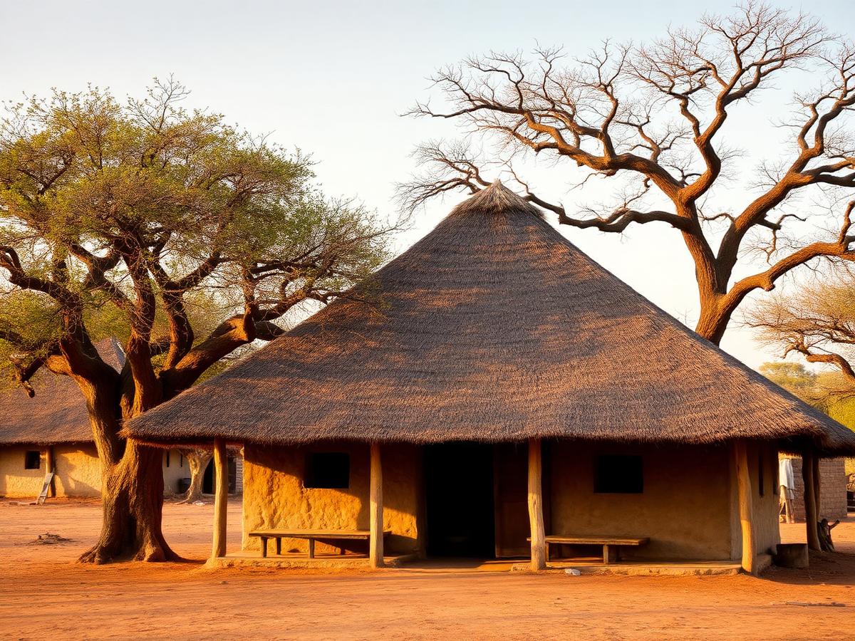 Traditional thatched community hut at golden hour