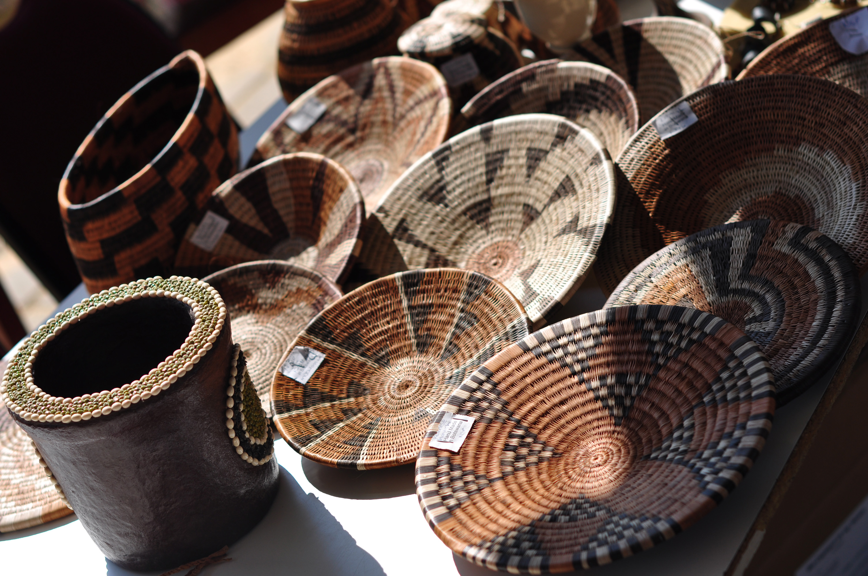 Traditional Botswana baskets displayed at a market